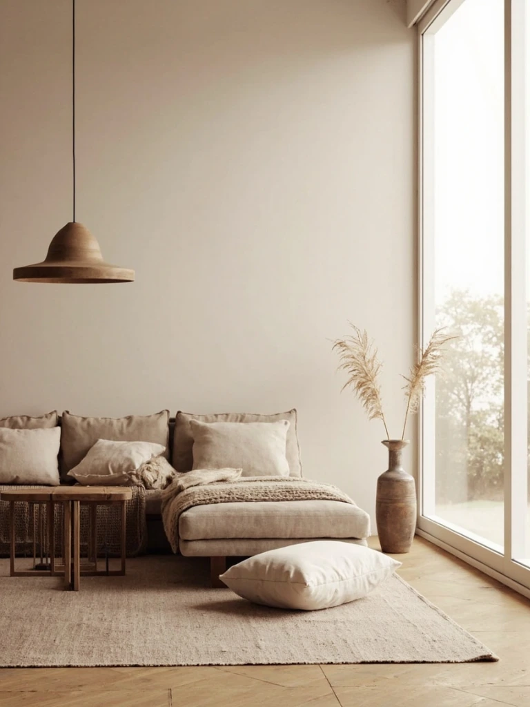 Japandi living room with walnut and stoneware